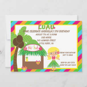 Hula Girl Tiki Hut Bright Birthday Uitnodiging