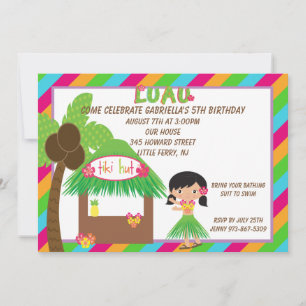 Hula Girl Tiki Hut Bright Birthday Uitnodiging