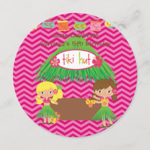 Hula Girls Tiki Hut Round Luau Birthday Uitnodigin Kaart