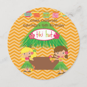 Hula Girls Tiki Hut Round Luau Verjaardag Uitnodig Kaart