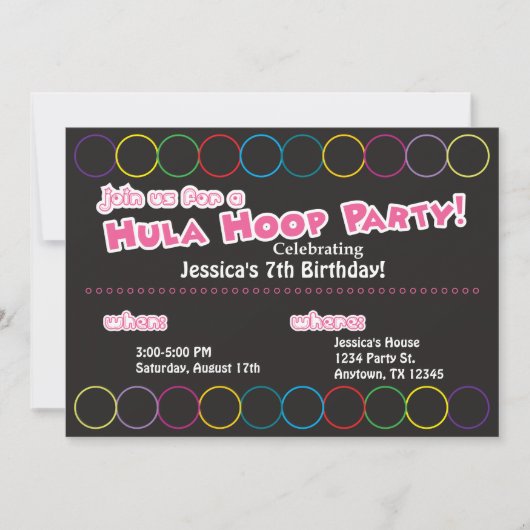 Hula Hoop Birthday Party Information Kaart (Voorkant)