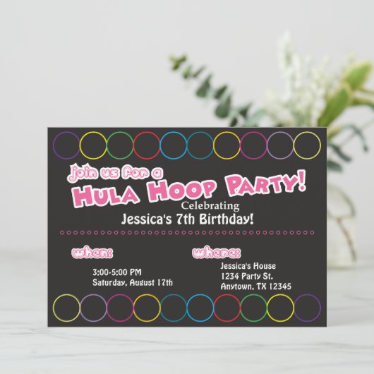 Hula Hoop Birthday Party Information Kaart (Staand voorkant)