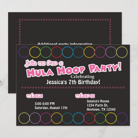 Hula Hoop Birthday Party Information Kaart (Voorkant / Achterkant)