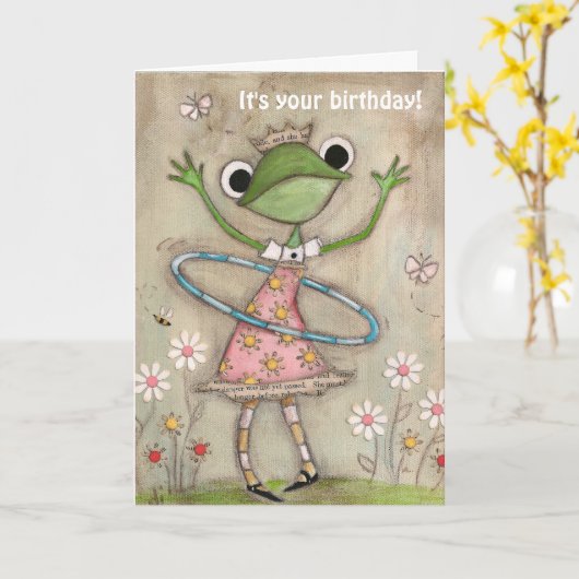 Hula Hoop Frog - Birthday Kaart (Gele Bloem)