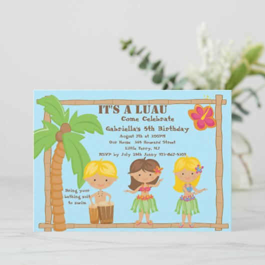 Hula Kinder Luau Birthday Uitnodiging (Staand voorkant)