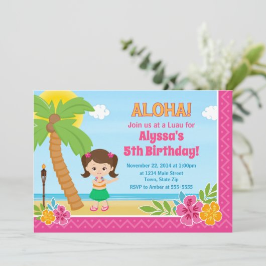 Hula meisje verjaardag uitnodiging Luau uitnodigin (Staand voorkant)