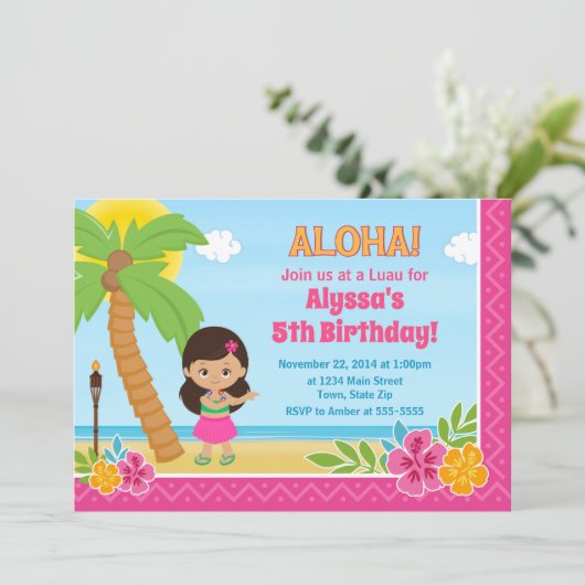 Hula meisje verjaardag uitnodiging Luau uitnodigin (Staand voorkant)