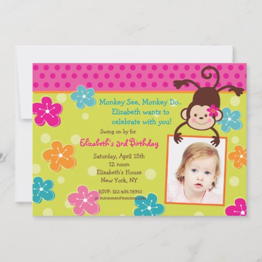 Hula Monkey Luau Foto Birthday Party Invitations Kaart (Voorkant)