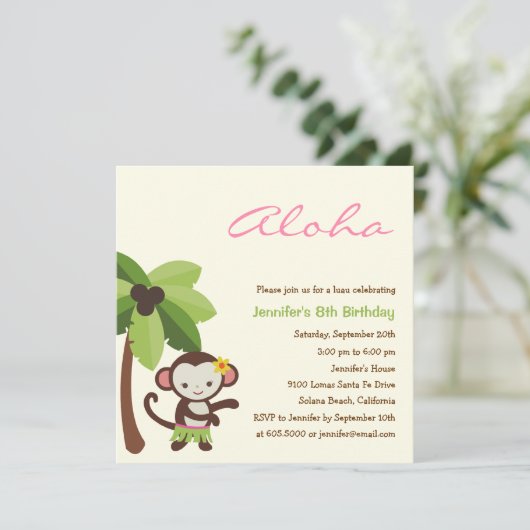 Hula Monkey Luau Party Invitation Kaart (Staand voorkant)