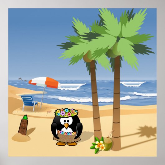Hula pguin op vakantie cartoon illustratie poster (Voorkant)