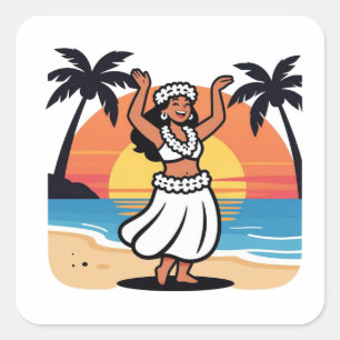 Huladans strandfeest zonsondergang tropisch eiland vierkante sticker