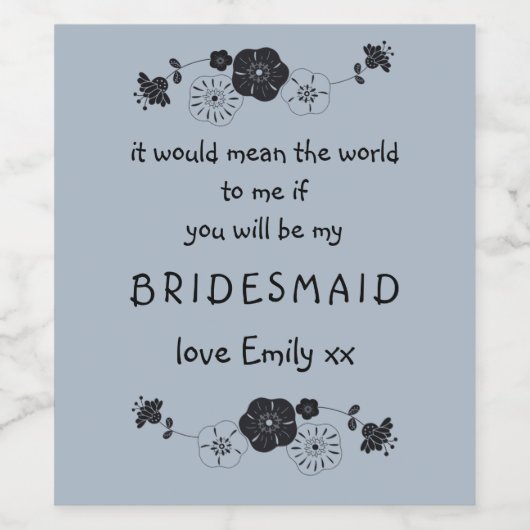 Hulpjuffrouw Voorstel Script Bloem Motief Stof Bla Wijn Etiket (Enkel label)