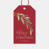 Hulst en bessen op rood vrolijk kerstfeest cadeaulabel (Voorkant)