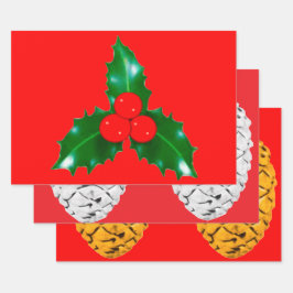 Hulst en dennenappels Rood inpakpapier Vel