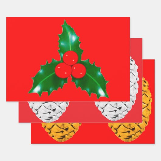 Hulst en dennenappels Rood inpakpapier Vel (Set)