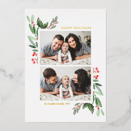 Hulst en groen Twee foto's Prettig kerstfeest Folie Feestdagenkaart