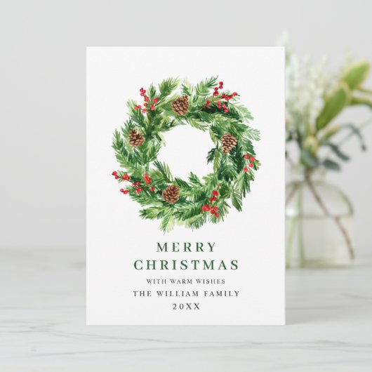 Hulstbes Dennenappels Kerstkrans Feestdagenkaart (Staand voorkant)