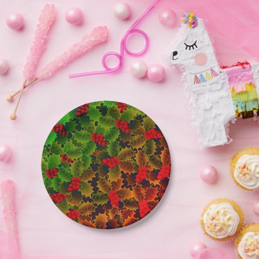 Hulstbes en -bladeren gloeiend winterrood groen papieren bordje (Feest)