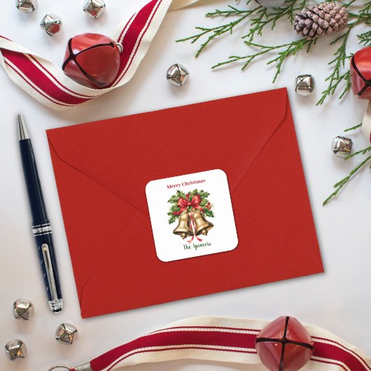 Hulstblad en bessen Gouden belletjes Prettig kerst Vierkante Sticker