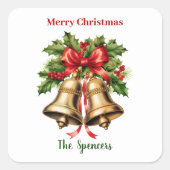 Hulstblad en bessen Gouden belletjes Prettig kerst Vierkante Sticker (Voorkant)