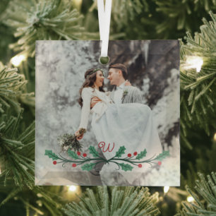 Hulstkrans Monogram Winter Huwelijksfoto Glas Ornament