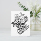 Human skull and roses black ink drawing briefkaart (Staand voorkant)