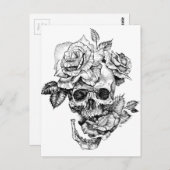 Human skull and roses black ink drawing briefkaart (Voorkant / Achterkant)