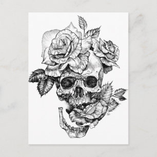 Human skull and roses black ink drawing briefkaart