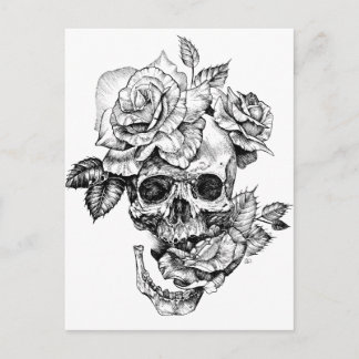 Human skull and roses black ink drawing briefkaart