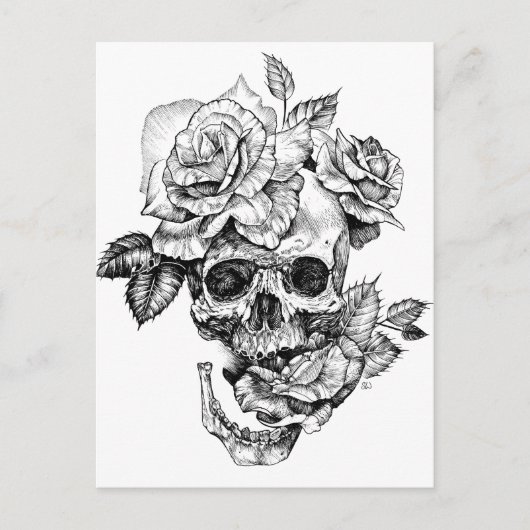 Human skull and roses black ink drawing briefkaart (Voorkant)