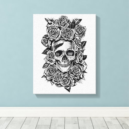 Human Skull Rozen Gothic Biker Art Illustratie Canvas Afdruk (Insitu (Houten vloer))