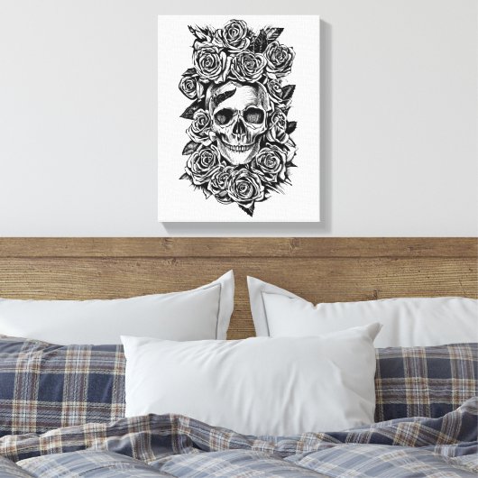 Human Skull Rozen Gothic Biker Art Illustratie Canvas Afdruk (Insitu (Slaapkamer))