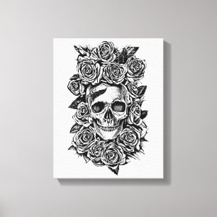 Human Skull Rozen Gothic Biker Art Illustratie Canvas Afdruk