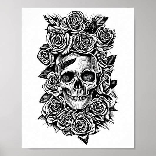 Human Skull Rozen Gothic Biker Art Illustratie Poster (Voorkant)