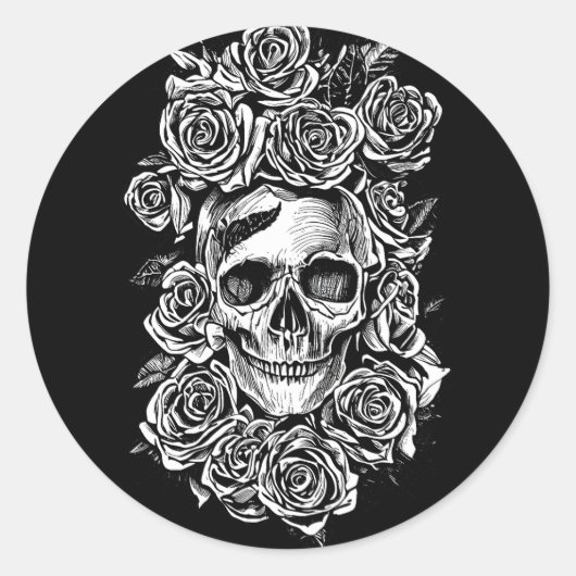 Human Skull Rozen Gothic Biker Art Illustratie Ronde Sticker (Voorkant)