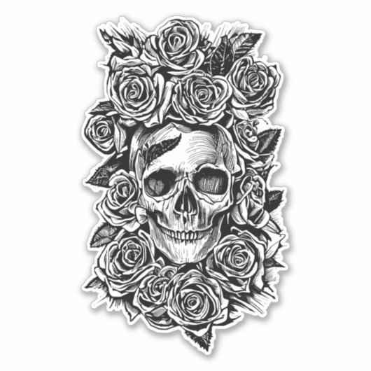 Human Skull Rozen Gothic Biker Art Illustratie Sticker (Voorkant)