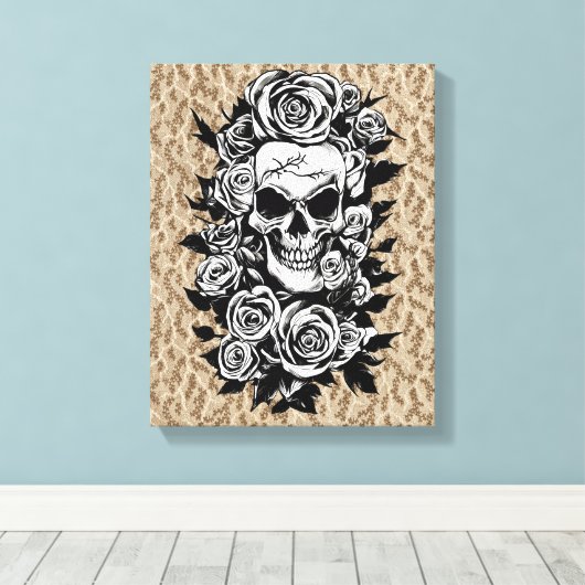 Human Skull Rozen Gothic Oorspronkelijke inktteken Canvas Afdruk (Insitu (Houten vloer))