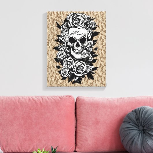 Human Skull Rozen Gothic Oorspronkelijke inktteken Canvas Afdruk (Insitu (Woonkamer))