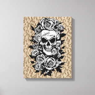 Human Skull Rozen Gothic Oorspronkelijke inktteken Canvas Afdruk