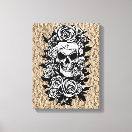Human Skull Rozen Gothic Oorspronkelijke inktteken Canvas Afdruk (Voorkant)