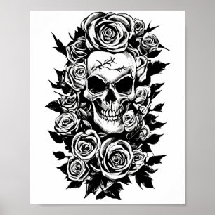 Human Skull Rozen Gothic Oorspronkelijke inktteken Poster