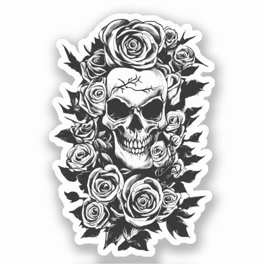 Human Skull Rozen Gothic Oorspronkelijke inktteken Sticker (Voorkant)
