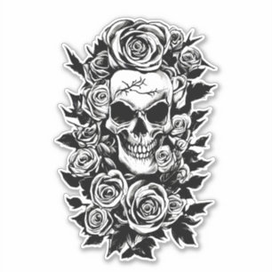 Human Skull Rozen Gothic Oorspronkelijke inktteken Sticker