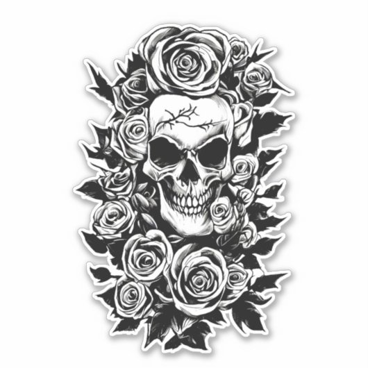 Human Skull Rozen Gothic Oorspronkelijke inktteken Sticker (Voorkant)