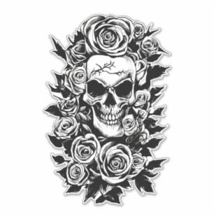 Human Skull Rozen Gothic Oorspronkelijke inktteken Sticker