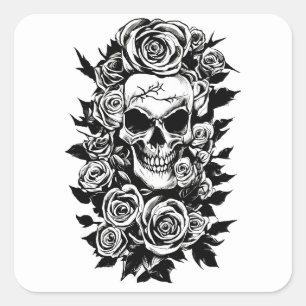 Human Skull Rozen Gothic Oorspronkelijke inktteken Vierkante Sticker