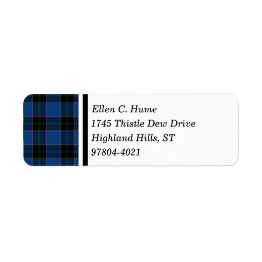 Hume Clan Royal Blue en Black Scottish Tartan Etiket (Voorkant)