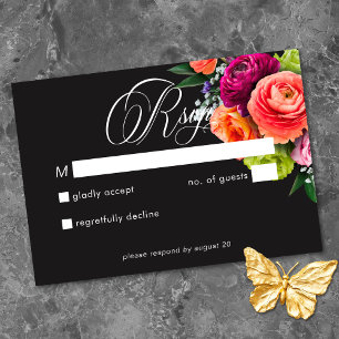 Humeurig Luxe Bloemrijk Fel Roze Zwart Bruiloft RSVP Kaartje
