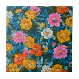 Humeurig Magenta Geel Bloemmotief Donker Teal Tegeltje