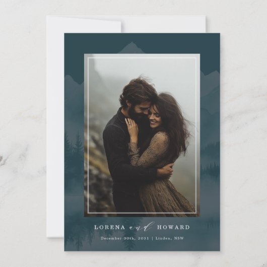 Humeurige Aquarel Bergen Dennenbos Bruiloft Kaart (Achterkant)